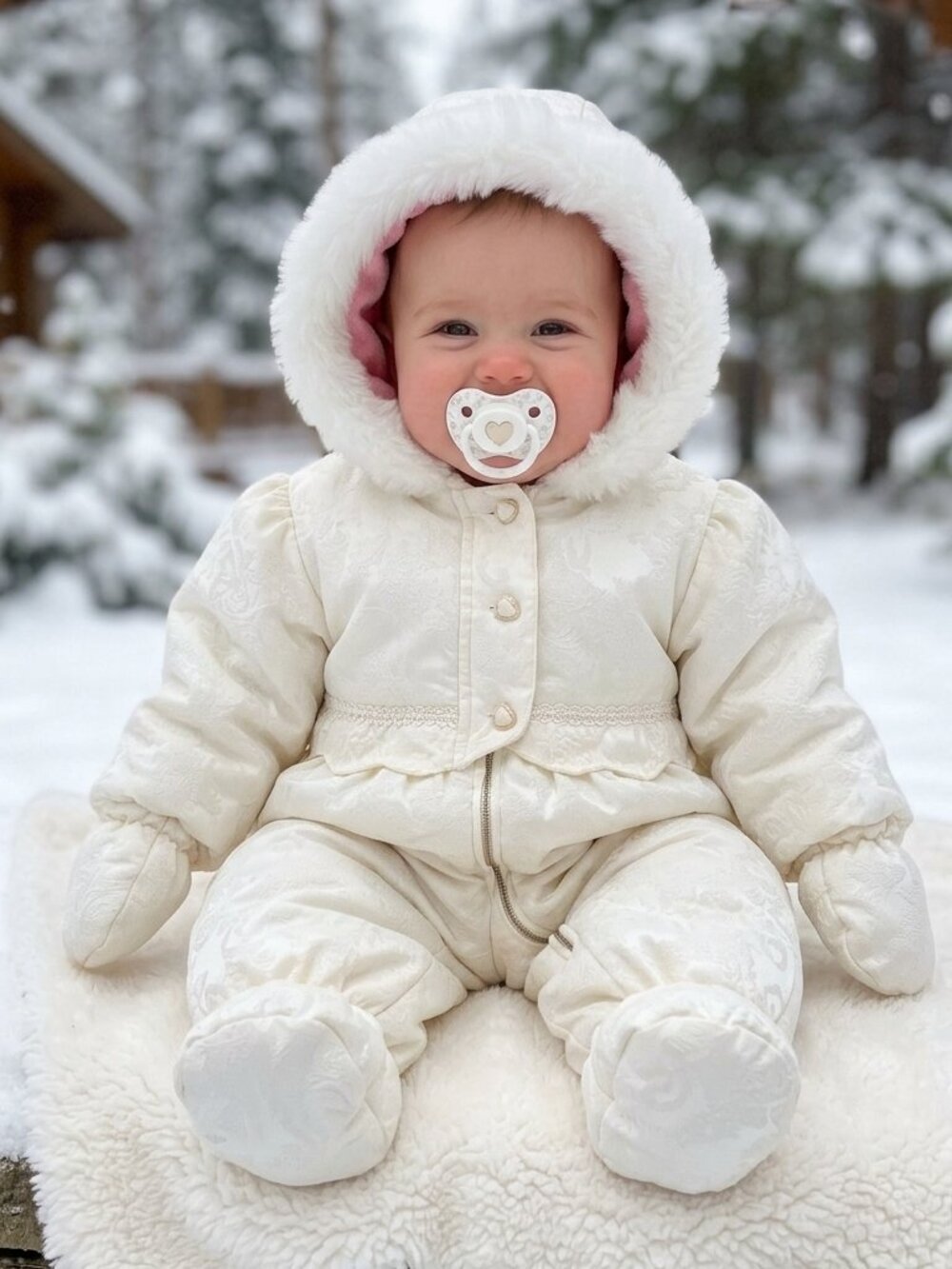 Vintage 80s Baby Snowsuit 6-9 Mo Cream White Jacquard Heart Buttons Giacca Young